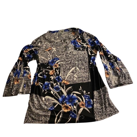 Chic Floral Patchwork Blouse Black Blue JM Collection Woman 0X - Picture 2 of 6